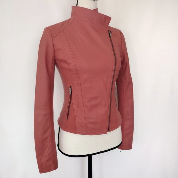 Marc New York Coral Pink Felix Knit Panel Moto Leather Jacket - Picture 4 of 16